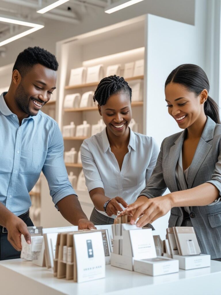 Small retail business team arranging product displays in a store, smiling, business casual, modern interior.