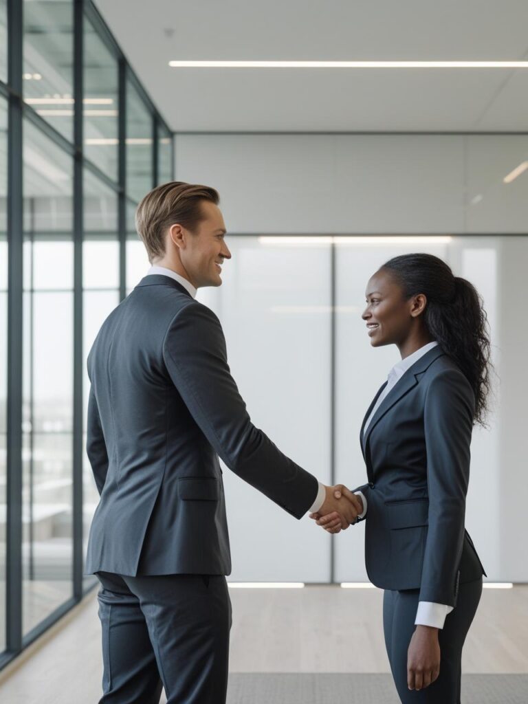 Two professionals (a male and female-caucasian and african) shaking hands in a meeting room, glass windows, minimal design, modern businesswear, natural light