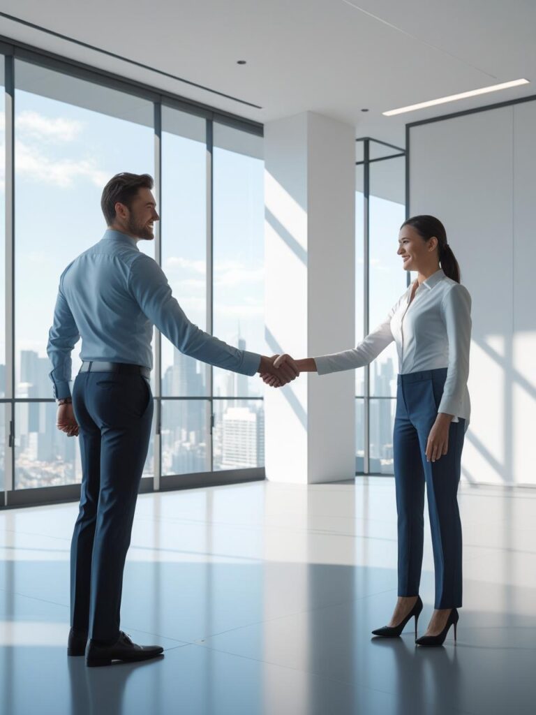 Two professionals shaking hands in a meeting room, glass windows, minimal design, modern businesswear, natural light.(2)