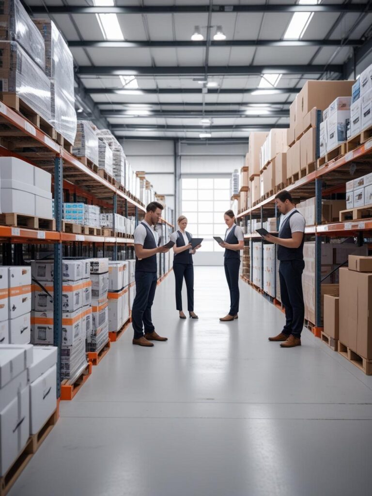 Warehouse with shelves stocked with goods, retail packaging visible, workers checking inventory with tablets, realistic lighting.