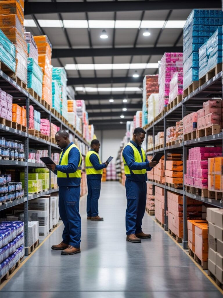 Warehouse with shelves stocked with goods, retail packaging visible, workers checking inventory with tablets, realistic lighting.(1)