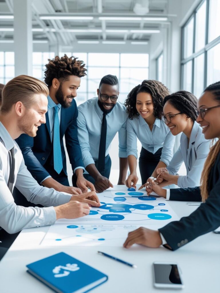 professionals working together, teamwork concept, HR support visuals, modern flat design, light blue and white color palette.